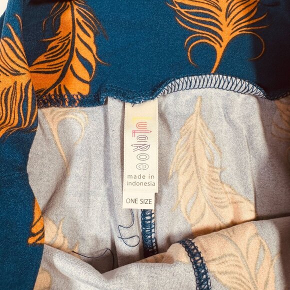 LuLaRoe Leggings Navy Blue with Gold Orange Feathers Peacock Ostrich One Size OS - Picture 3 of 6